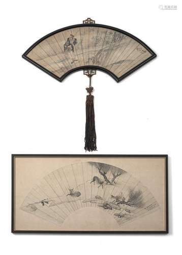 TWO FAN PAINTINGS: A FISHERMEN AT THE SHORE AND WATER BUFFAL...