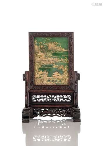 A TABLE SCREEN WITH A GOLD-PAINTED RIVER LANDSCAPE AND PARAD...