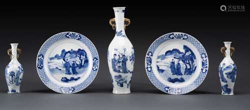 THREE BLUE AND WHITE VASES; TWO DISHES AND A FAMILLE ROSE BO...