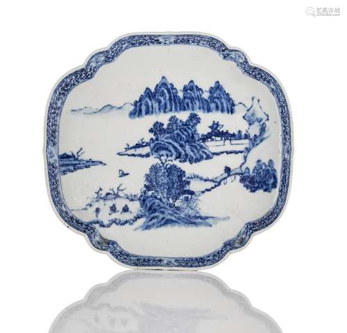 A BLUE AND WHITE SCHOLARS IN A RIVER LANDSCAPE PORCELAIN DIS...