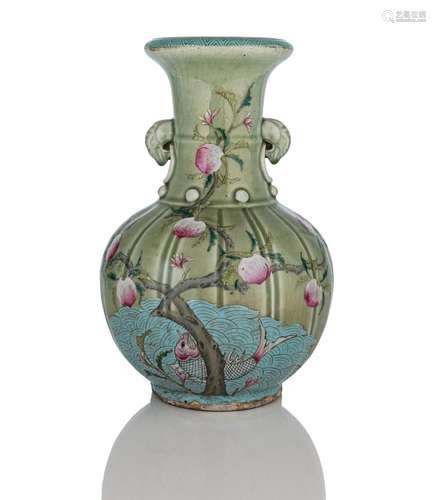 A CELADON AND FAMILLE ROSE 'NINE PEACHES' VASE