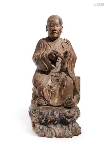 A FINE WOOD FIGURE OF A LUOHAN