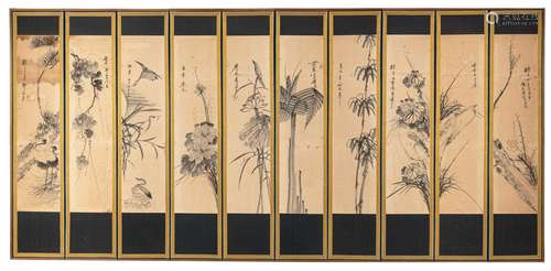 A TEN-FOLD SCREEN WITH INK PAINTINGS WITH FLORAL MOTIFS