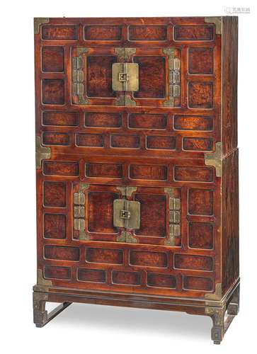 A TWO-PART WOOD AND BRASS CHEST CABINET WITH SECOND BASE