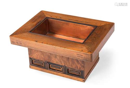 A KEYAKI WOOD HIBACHI WITH COPPER LINER AND DRAWERS