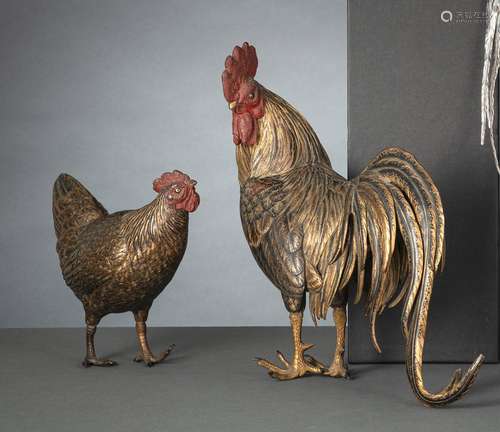 A MIXED-METAL COCKEREL AND BRONZE HEN