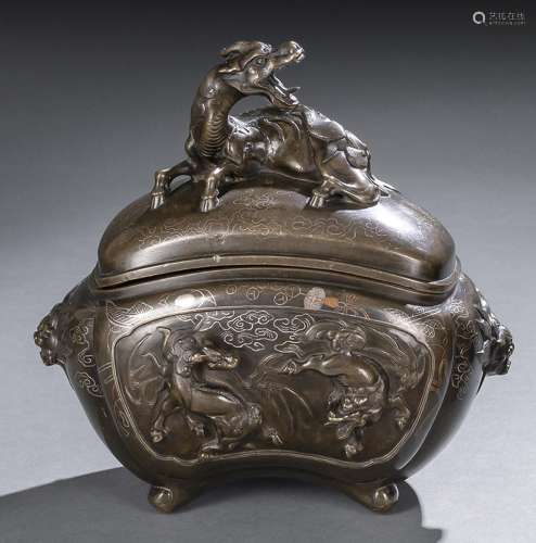 A FINE SILVER- AND COLORED METAL INLAID BRONZE KORO WITH KIR...
