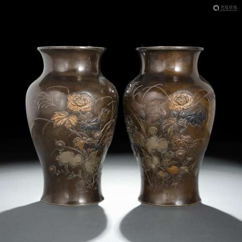 A PAIR OF BRONZE VASES DECORATED IN IROE-TAKAZOGAN AND TAKAB...