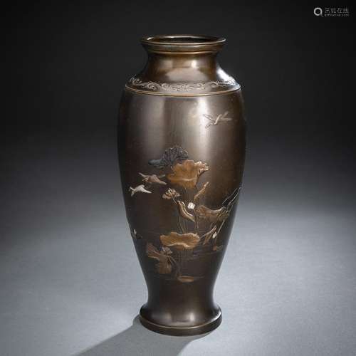 A GOOD LOTUS AND EGRETS IROE-TAKAZOGAN BRONZE VASE