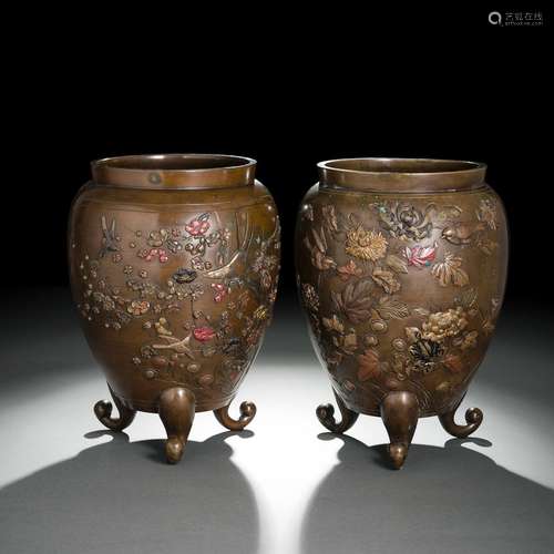 A PAIR OF IROE-TAKAZOGAN FLOWER AND BIRD VASES ON THREE FEET