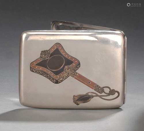 A FINE SILVER CARD CASE WITH COPPER- AND SHAKUDO -INDLAID DE...