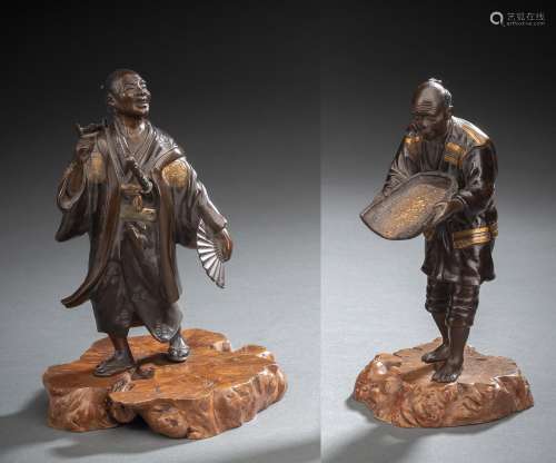 TWO PART-GILT BRONZE FIGURES ON ROOTWOOD STANDS: A FARMER AN...