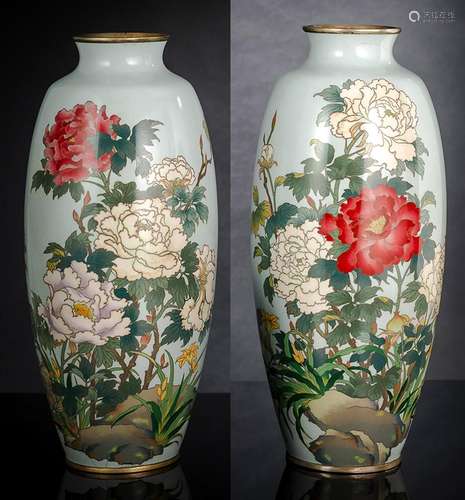 A LARGE PAIR OF LIGHT-BLUE GROUND PEONY CLOISONNÉ ENEMAL VAS...