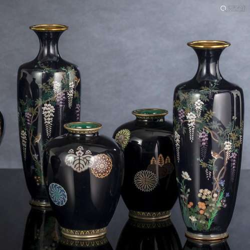 TWO PAIRS OF CLOISONNÉ ENAMEL VASES: WISTERIA AND BIRDS ABOV...