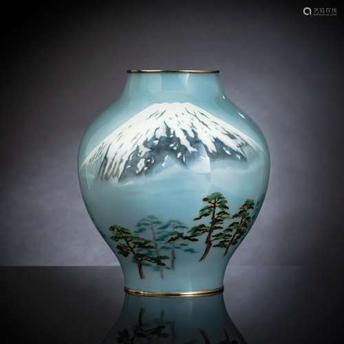 A CLOISONNÉVASE WITH FUJI AND PINES ON SKY-BLUE GROUND WITH ...