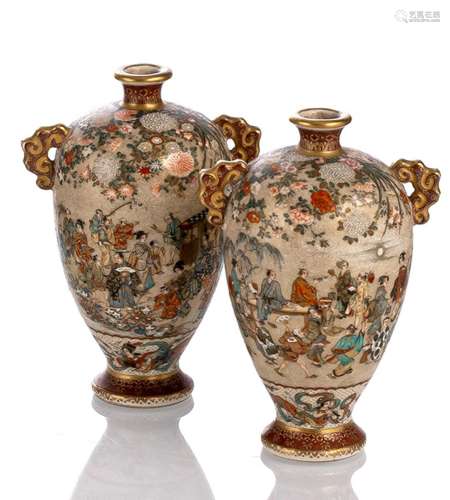 A FINE PAIR OF SATSUMA VASES WITH FIGURAL SCENES AND A KORO