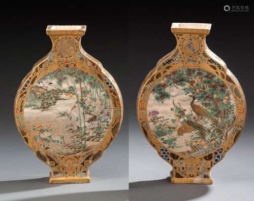 A PAIR OF SATSUMA EARTHENWARE VASE WITH BIRDS AND FLOWERS