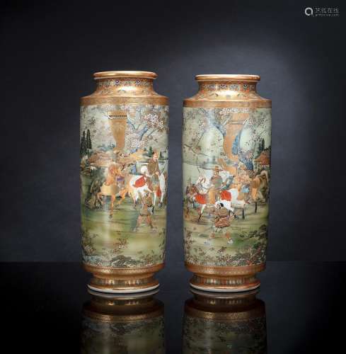 A PAIR OF CYLINDRICAL SATSUMA EARTHENWARE VASES WITH SMAURAI...
