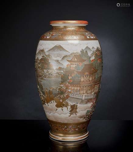 A LARGE SATSUMA EARTHENWARE VASE WITH SAMURAI AND TEMPLE SCE...