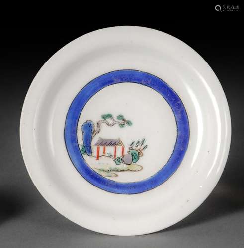 A FLAT CIRCULAR SMALL PORCELAIN DISH WITH PAVILLON AND PINE ...