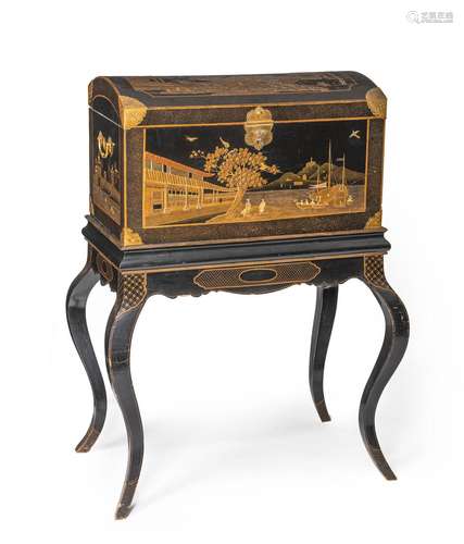 A CHEST WITH FIGURAL LACQUER DECORATION ON A FOUR-LEGGED STA...