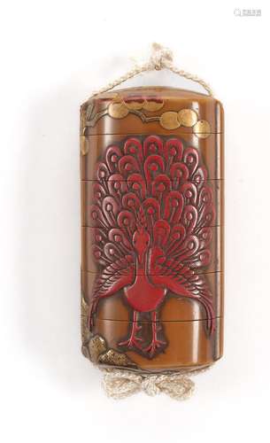 A FIVE-CASE LACQUER INRÔ WITH A PAIR OF PEACOCKS