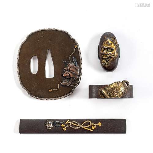 A SHIBUICHI TSUBA, A,N IRON KOZUKA AND IRON FUCHI-KASHIRA