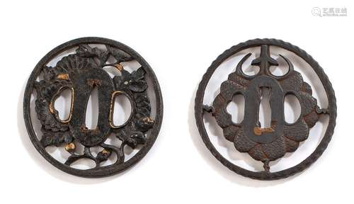 TWO IRON SUKASHI-TSUBA DECORATED WITH CHRYSANTHEMUM FLOWERS ...