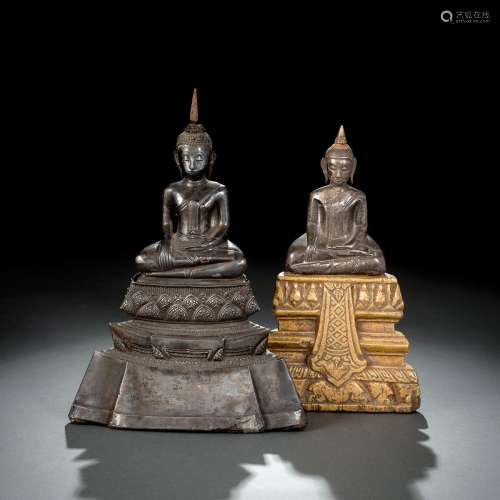 TWO SILVER FOIL FIGURES OF BUDDHA SHAKYAMUNI