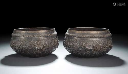 TWO LARGE FIGURAL RELIEF SILVER BOWLS