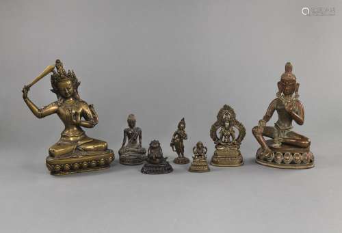 A GROUP OF SEVEN BRONZE FIGURES OF MANJUSHRI, BUDDHA, AMITAY...
