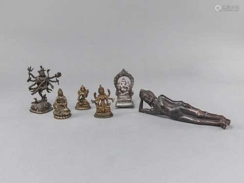 SIX BRONZE FIGURES OF BUDDHA PARANIRVANA, GUANYIN, SYAMATARA...