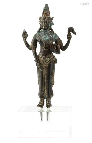 A BRONZE FIGURE OF A STANDING FOUR-ARMED DEITY