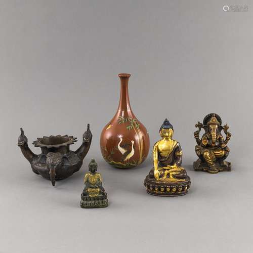 FOUR BRONZES, INCLUDING BUDDHA AND GENESHA, AND A RED-BROWN ...