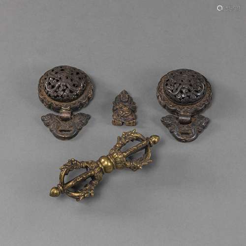 TWO COPPER REPOUSSÉ BELT BUCKLES, A BRONZE VAJRA AND A BRONZ...