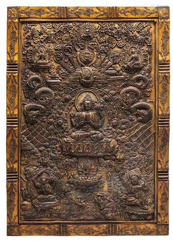 A REPOUSSÉ BRONZE RELIEF THANGKA DEPICTING SHADKSHARI LOKESH...