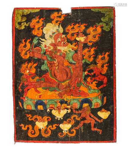A POLYCHROME WOOD PAINTING OF A BUDDHIST FIGURE ON A LOTUS T...