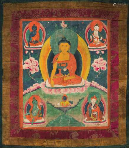 THREE THANGKAS DEPICTING BUDDHA AMITABHA AND MAHAKALA