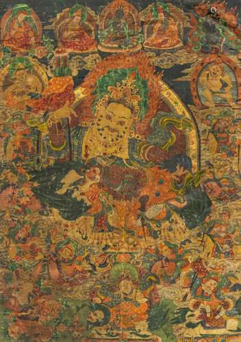 A THANGKA DEPCITING MAHAKALA AND OTHER BUDDHIST DEITIES
