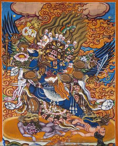 A SMALL THANGKA OF HAYAGRIVA LAMINATED ON CARDBOARD, A LONG ...