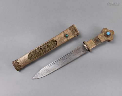 A TURQUOISE-INLAID SHORT SWORD