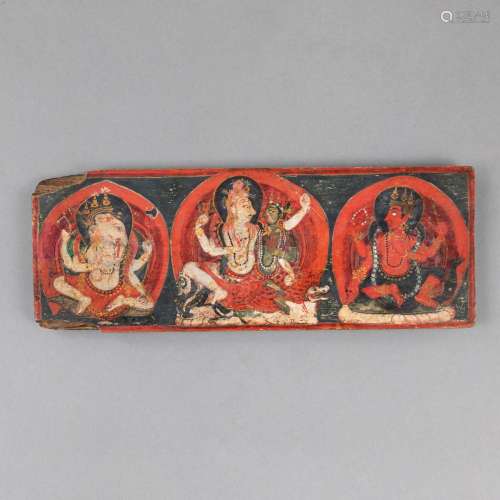 A POLYCHROME PAINTED WOOD MANUSCRIPT COVER