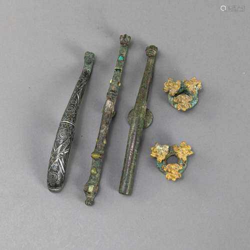 TWO BRONZE ROBE BUTTONS AND THREE BELT HOOKS IN THE ARCHAIC ...