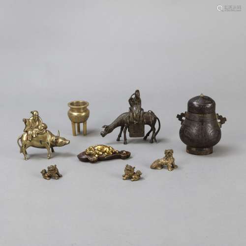 TWO BRONZE RIDERS, A BRONZE VESSEL, A CENSER, AND FOUR BRONZ...