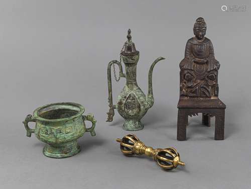 A BRONZE FIGURE OF BUDDHA, A GUI, A EWER, AND A VAJRA