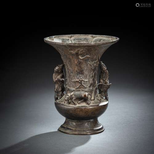 A BRONZE VASE WITH IMMORTALS AND OX