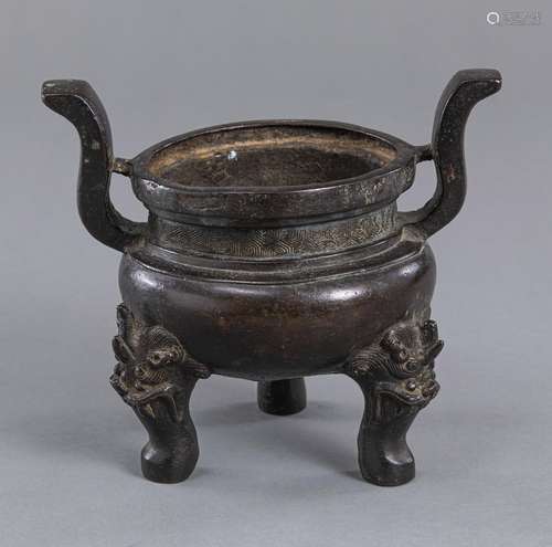 A TRIPOD BRONZE CENSER WITH LUDUAN HEAD LEGS