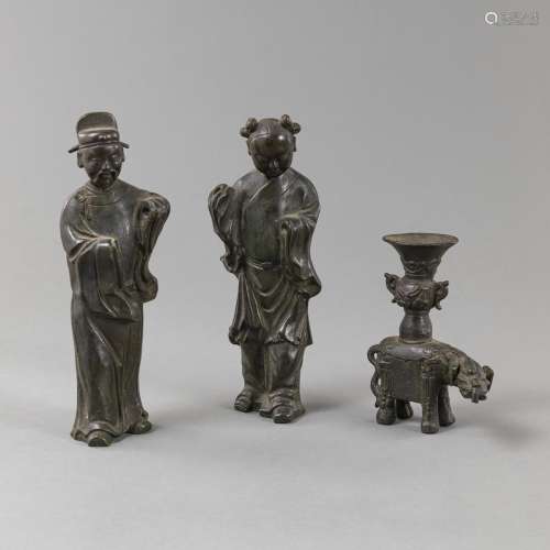 TWO BRONZE IMMORTALS FIGURES AND A BRONZE INCENSE STICK HOLD...