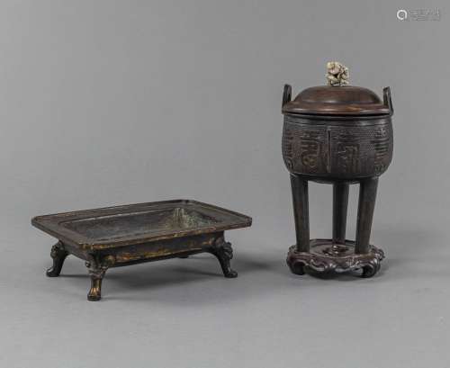 A DING BRONZE CENSER WITH WOOD STAND AND COVER AND A PART-GI...