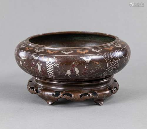A TWO-PART BRONZE CENSER WITH STAND AND INLAYS IN SILVER AND...